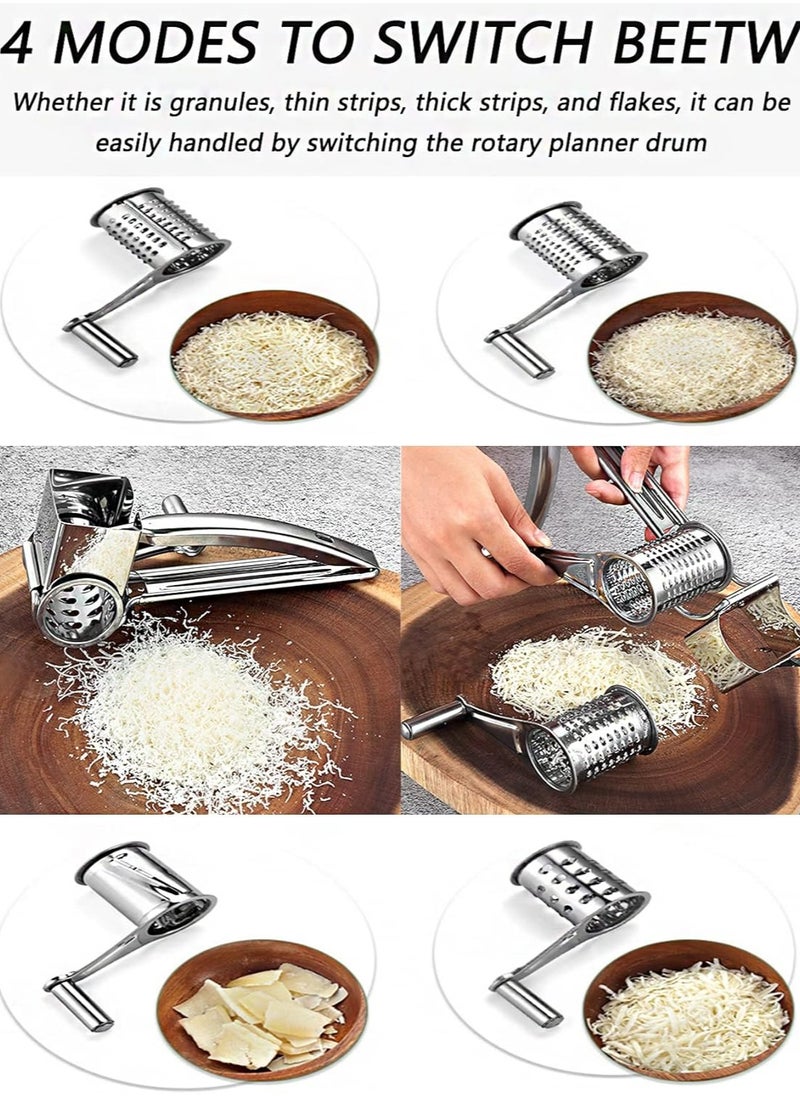 Rotary Stainless Steel Cheese Grater with 4 Drum Blades - Manual Kitchen Tool