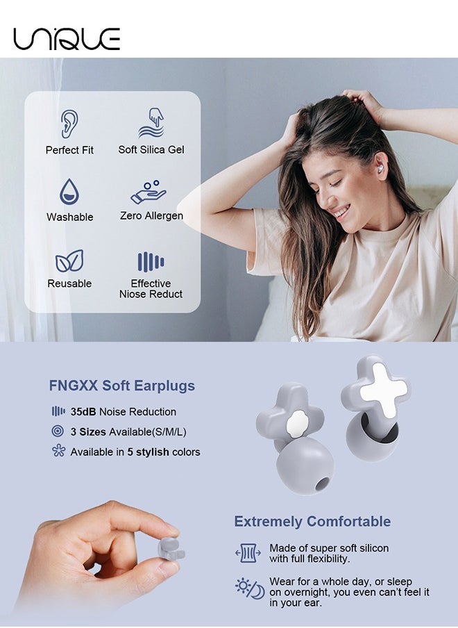 2 Boxes Ear Plugs for Noise Reduction - Reusable Flexible Silicone EarPlugs for Sleeping/Concerts/Motorcycles/Airplanes & Noise Sensitivity - Three Sizes (S/M/L) - 35dB Noise Cancelling (Purple/Grey)