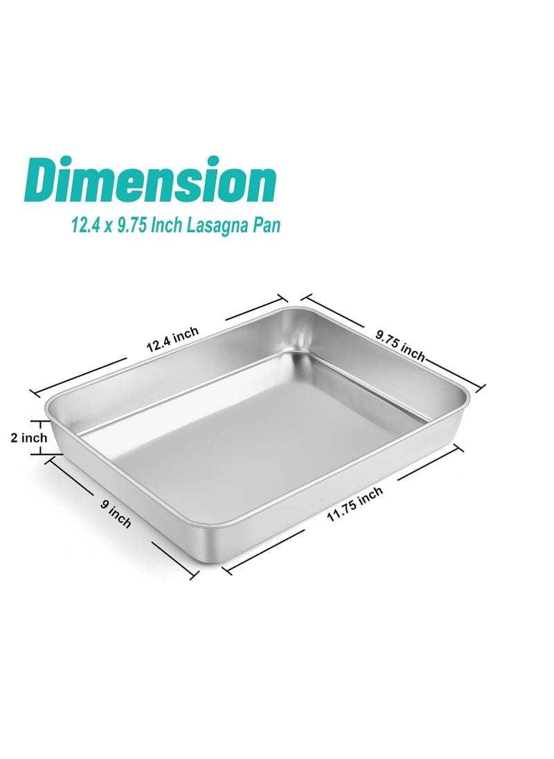 TeamFar Lasagna Pan, 12⅖’’ x 9¾’’ x 2’’, Stainless Steel Rectangular Cake Brownie Casserole Pan For Roasting Baking, Healthy & Heavy Duty, Brushed Surface & Deep Side, Dishwasher Safe