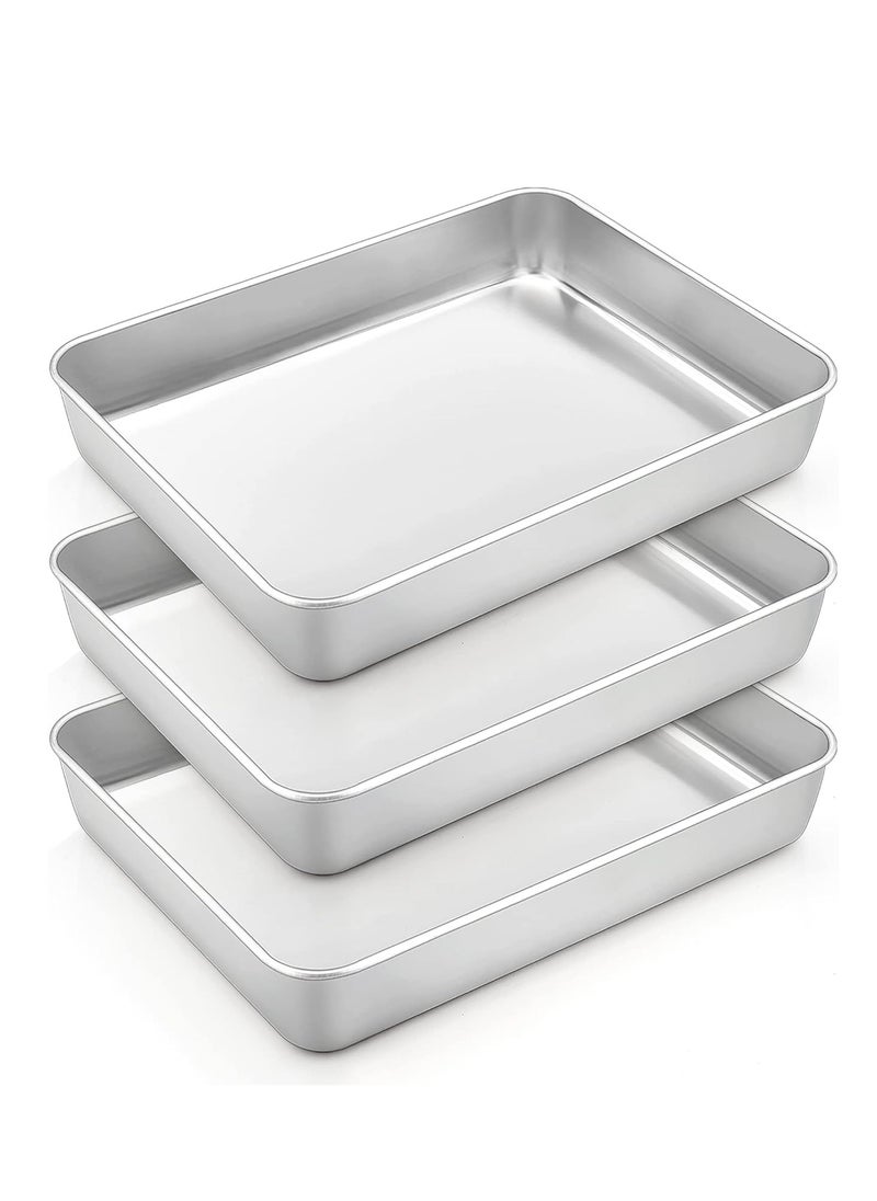 TeamFar Rectangular Cake Pan Set of 3, 10.5’’ x 8’’ x 2’’ Stainless Steel Baking Roasting Lasagna Brownie Cake Pan, Non-toxic & Sturdy, Brushed Surface & Deep Side, Dishwasher Safe