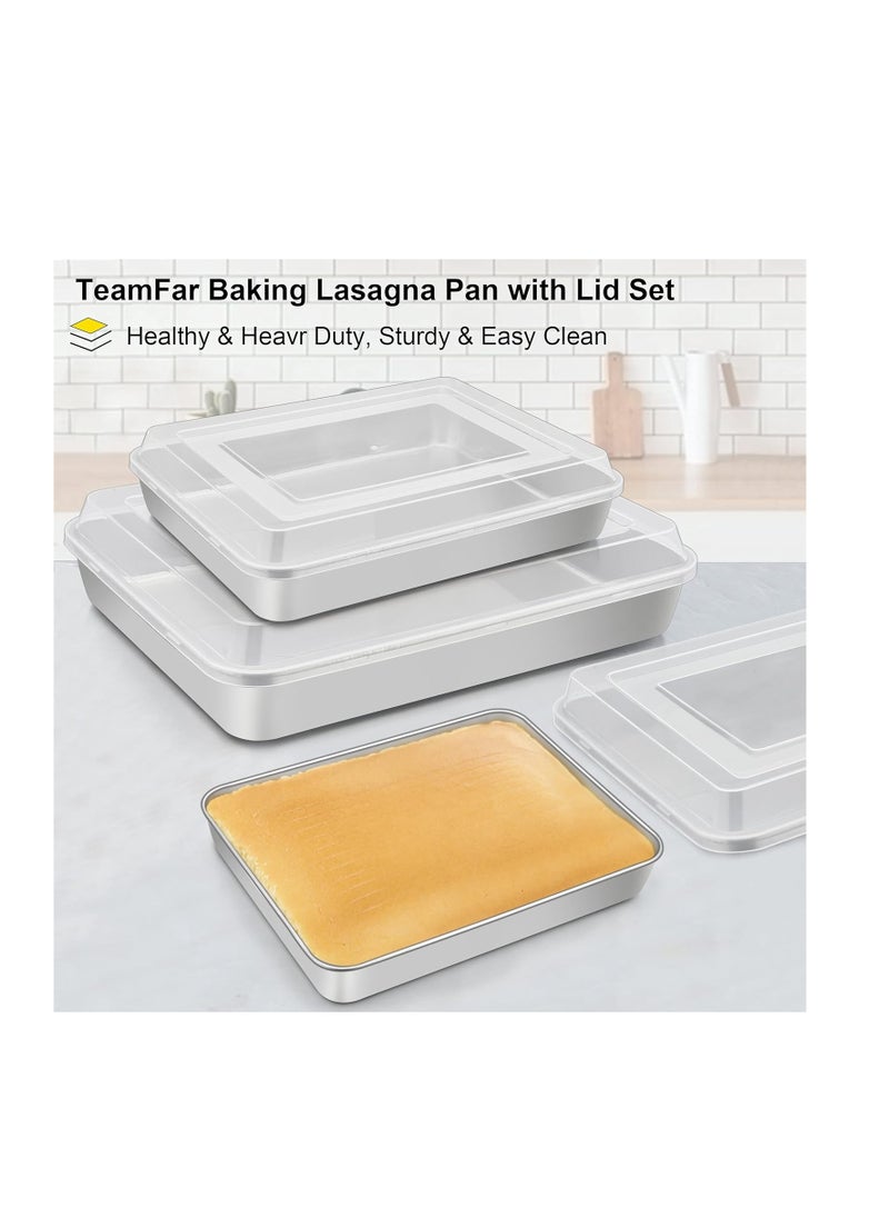 TeamFar Lasagna Pan(3 Pan & 3 Lids), 12⅖” & 10¼” & 9⅖” Cake Pan with Lids, Rectangular Baking Pan Stainless Steel Bakeware Set for Lasagna Cake Brownie, Healthy & Sturdy, Dishwasher Safe
