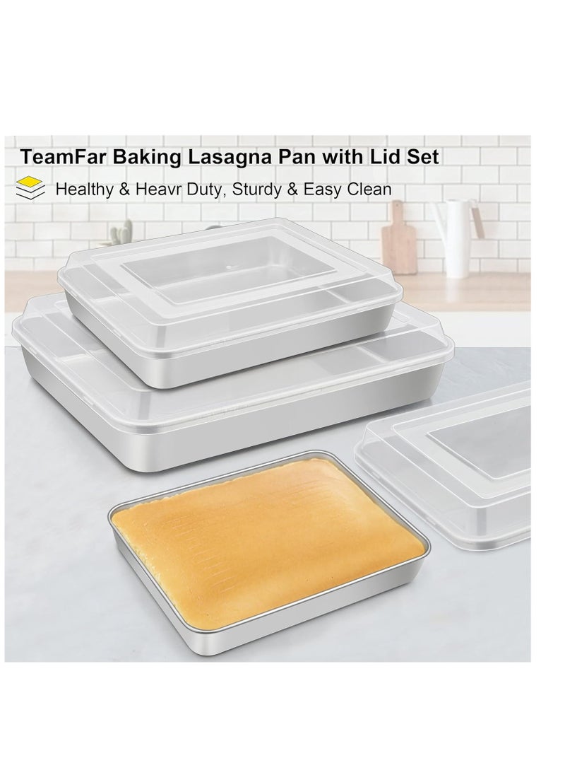TeamFar Lasagna Pan(3 Pan & 3 Lids), 12⅖” & 10¼” & 9⅖” Cake Pan with Lids, Rectangular Baking Pan Stainless Steel Bakeware Set for Lasagna Cake Brownie, Healthy & Sturdy, Dishwasher Safe