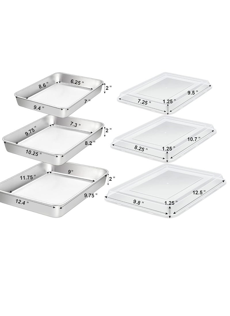 TeamFar Lasagna Pan(3 Pan & 3 Lids), 12⅖” & 10¼” & 9⅖” Cake Pan with Lids, Rectangular Baking Pan Stainless Steel Bakeware Set for Lasagna Cake Brownie, Healthy & Sturdy, Dishwasher Safe