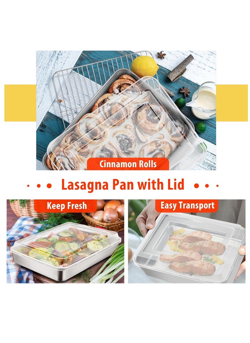 TeamFar Lasagna Pan(3 Pan & 3 Lids), 12⅖” & 10¼” & 9⅖” Cake Pan with Lids, Rectangular Baking Pan Stainless Steel Bakeware Set for Lasagna Cake Brownie, Healthy & Sturdy, Dishwasher Safe