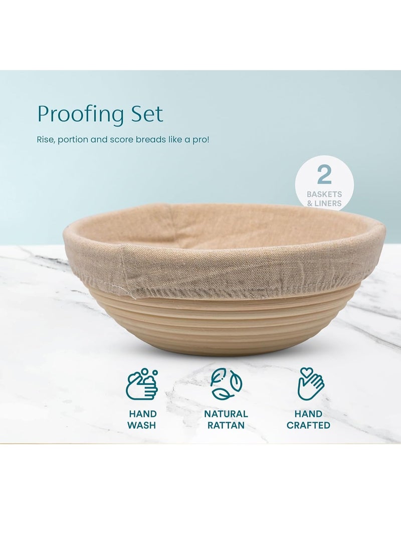 Kook Proofing Set, Sourdough Bread, 2 Rattan 9 Inch Banneton Baskets, 2 Basket Covers, Metal Scraper, Plastic Scraper, Scoring Lame, 5 Blades and Case, Baking Kit, Dough Bowls, Round Shape