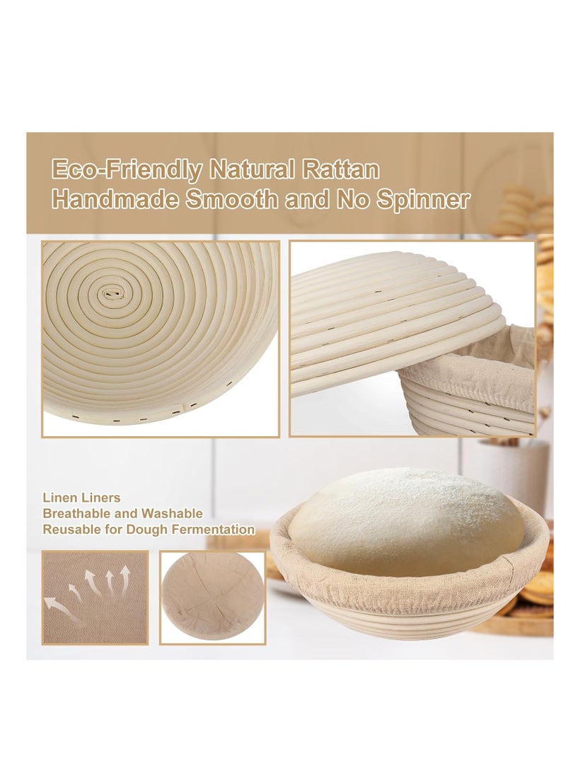 TNELTUEB Bread Proofing Basket Set, Incl 10'' Round & 9.6'' Oval Rattan Banneton, Dough Whisk, Scraper, Lame, Linen - Natural