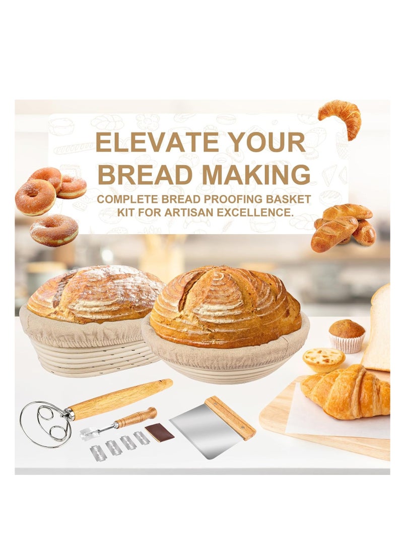 TNELTUEB Bread Proofing Basket Set, Incl 10'' Round & 9.6'' Oval Rattan Banneton, Dough Whisk, Scraper, Lame, Linen - Natural