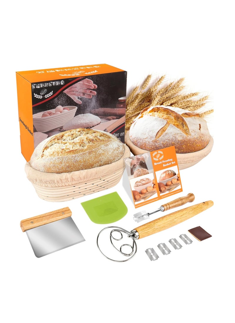 TNELTUEB Bread Proofing Basket Set, Incl 10'' Round & 9.6'' Oval Rattan Banneton, Dough Whisk, Scraper, Lame, Linen - Natural