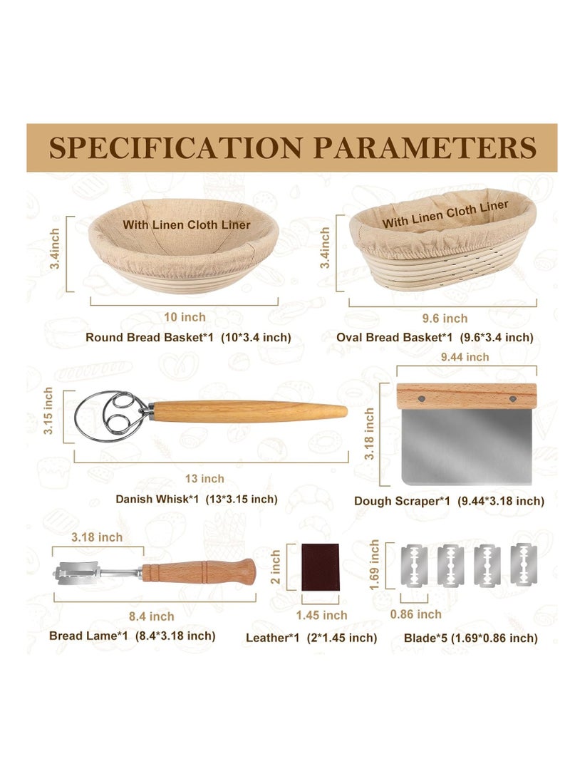 TNELTUEB Bread Proofing Basket Set, Incl 10'' Round & 9.6'' Oval Rattan Banneton, Dough Whisk, Scraper, Lame, Linen - Natural