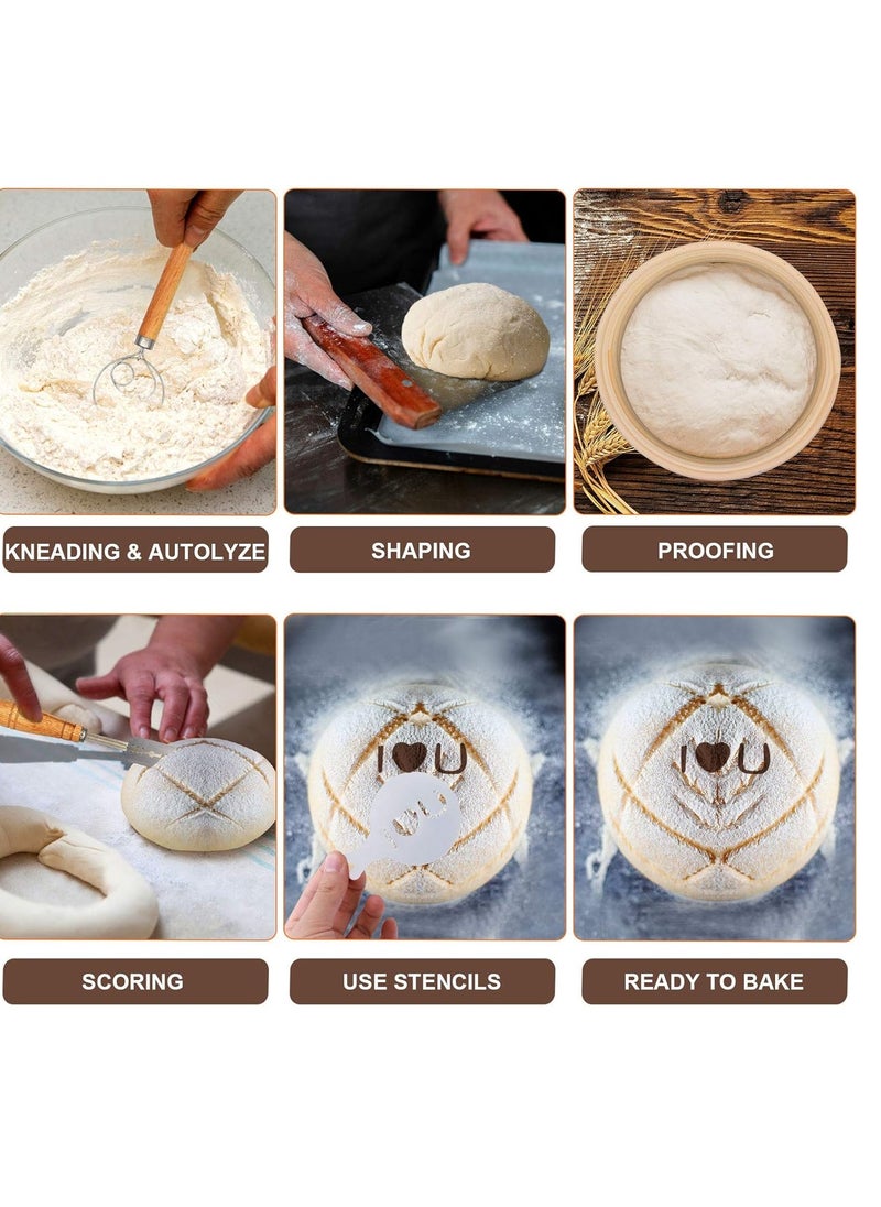10'' Round & 8'' Oval Banneton Bread Proofing Basket Set, 32Pcs Cane Sourdough Bread Baking Supplies with Bread Lame, Dough Scraper, Linen Liner, Brush Flouring Stencil, Bread Making Kit for Christmas