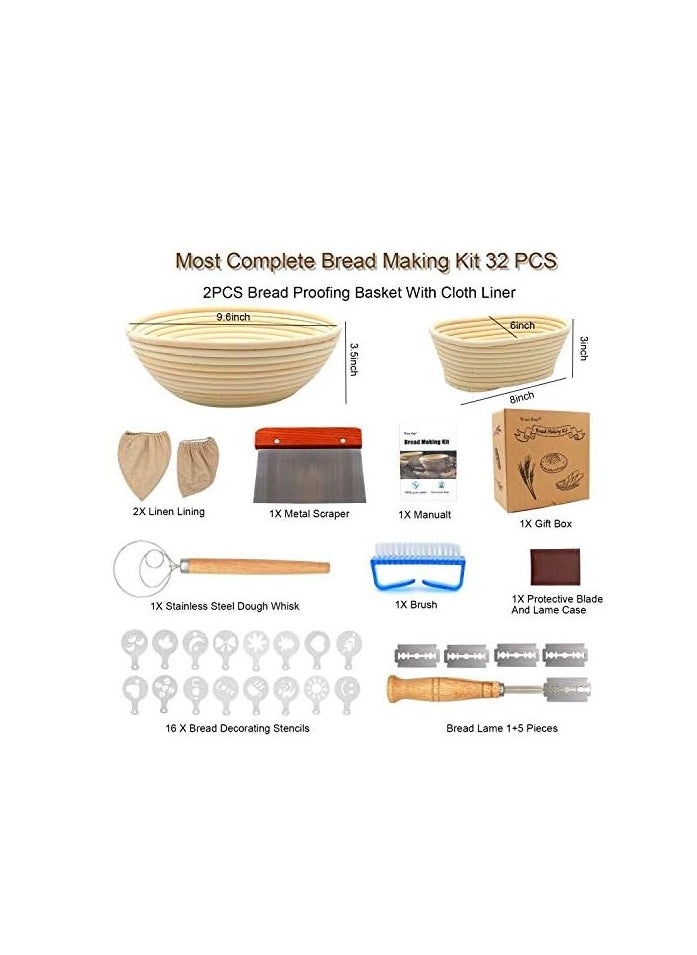10'' Round & 8'' Oval Banneton Bread Proofing Basket Set, 32Pcs Cane Sourdough Bread Baking Supplies with Bread Lame, Dough Scraper, Linen Liner, Brush Flouring Stencil, Bread Making Kit for Christmas