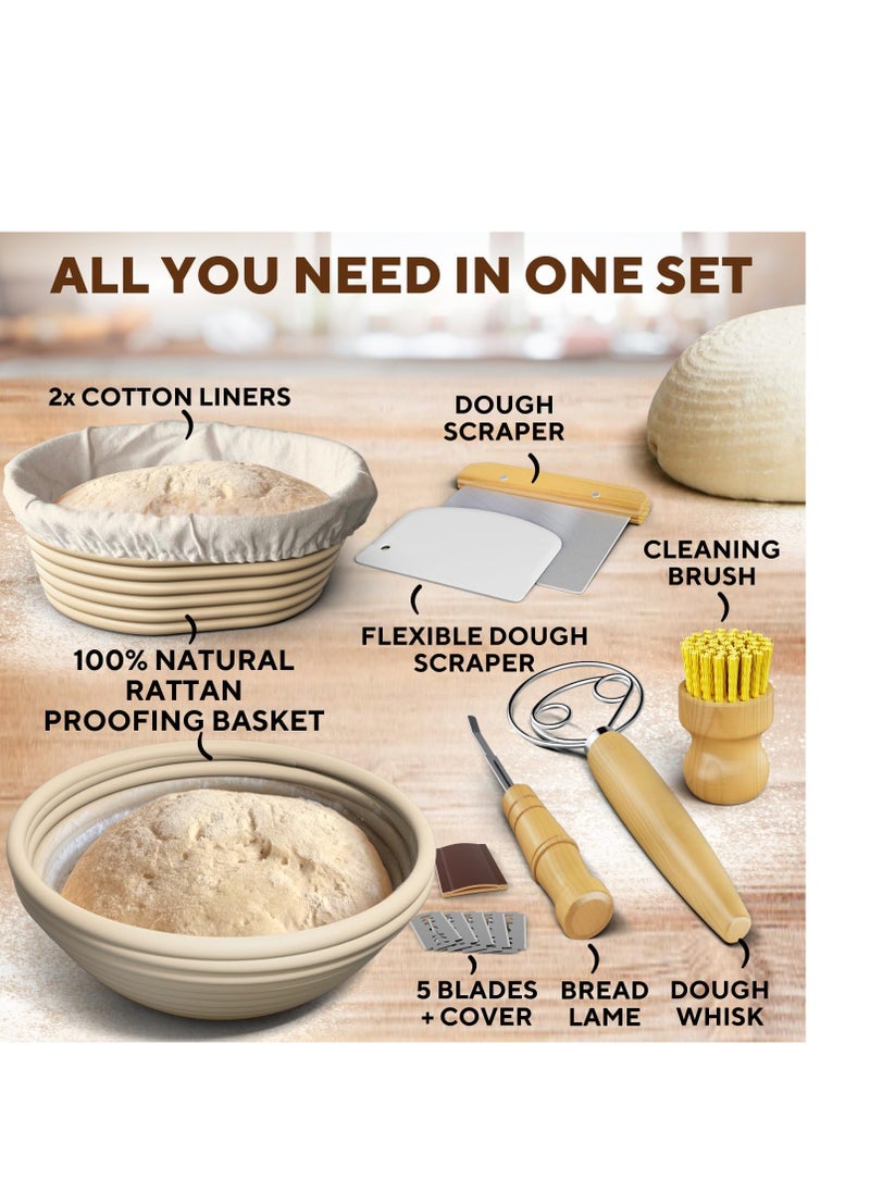 Complete Bread Proofing Baskets Set - Premium Quality Kit for Sourdough Bread Making - Includes 9