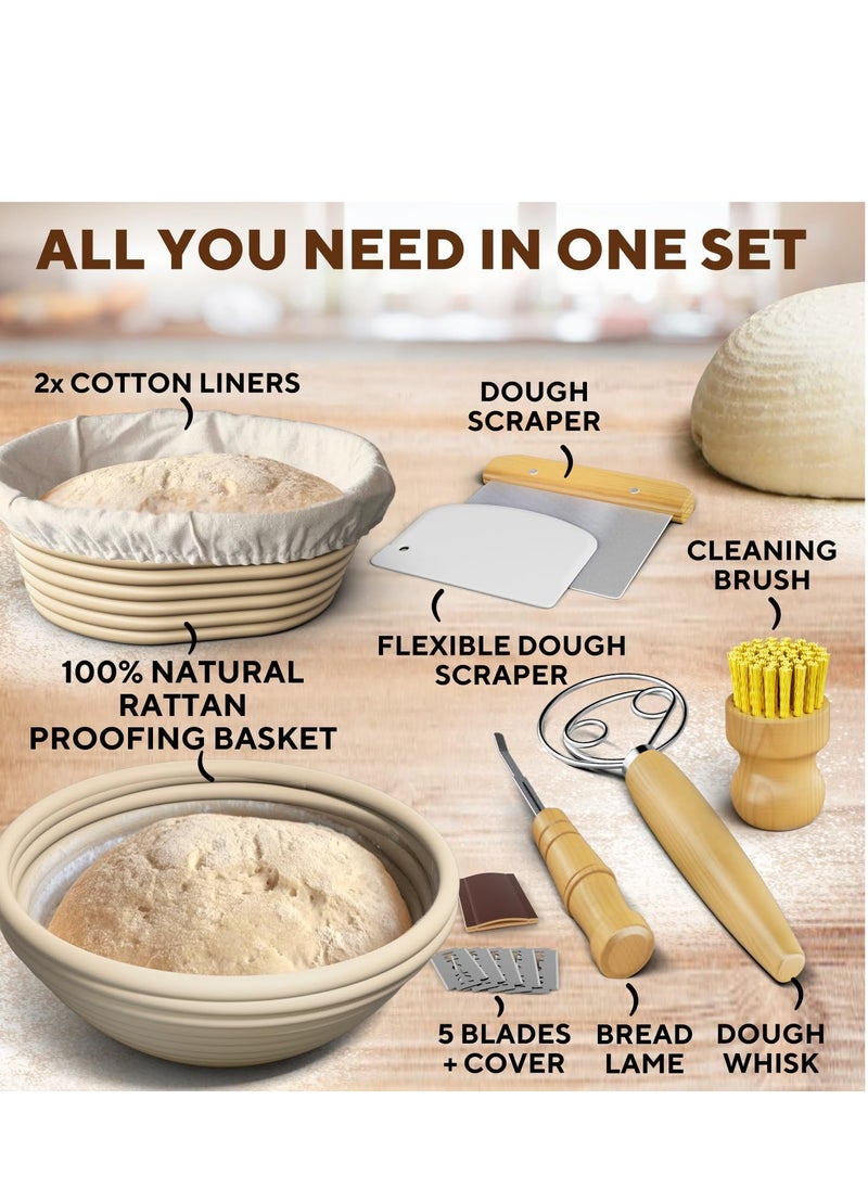 Complete Bread Proofing Baskets Set - Premium Quality Kit for Sourdough Bread Making - Includes 9