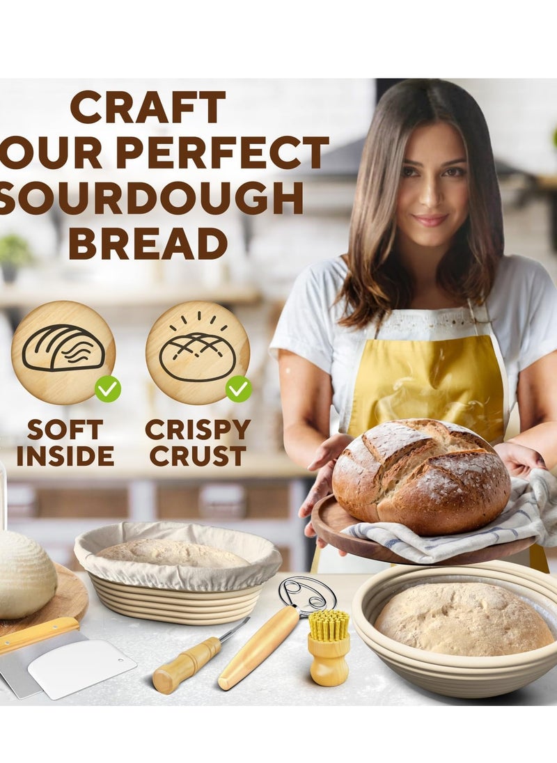 Complete Bread Proofing Baskets Set - Premium Quality Kit for Sourdough Bread Making - Includes 9