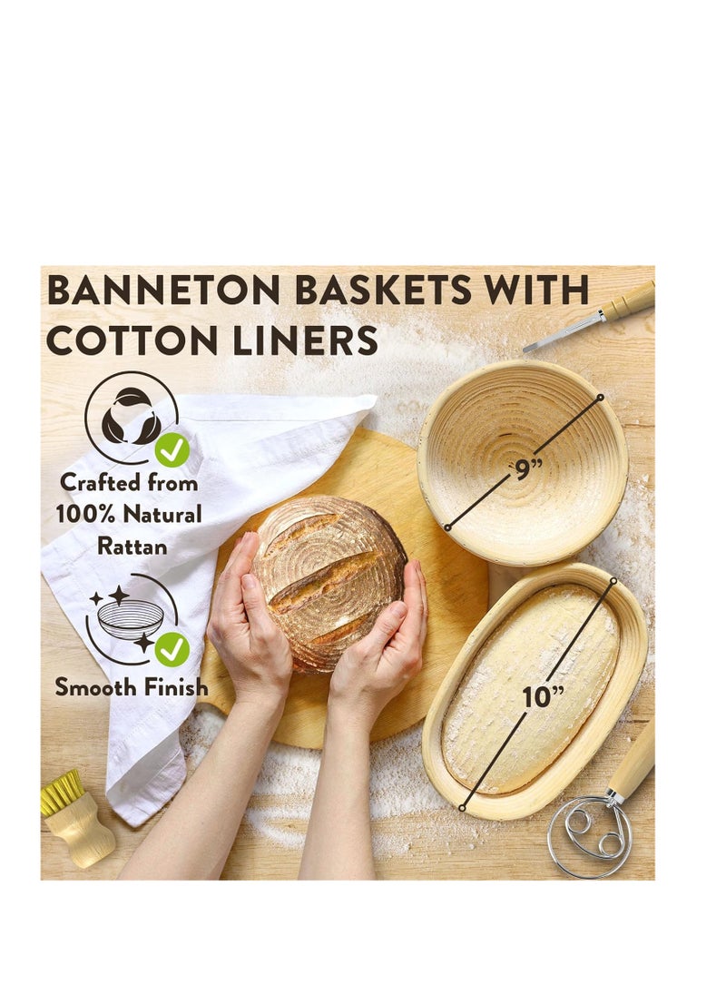 Complete Bread Proofing Baskets Set - Premium Quality Kit for Sourdough Bread Making - Includes 9