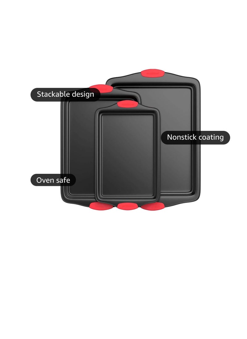 NutriChef 3-Piece Nonstick Kitchen Oven Baking Pans - Premium & Stylish Non-Stick Steel, Commercial Grade Restaurant Quality Metal Bakeware with Red Silicone Handles - Easy to Clean, NCSBS3S