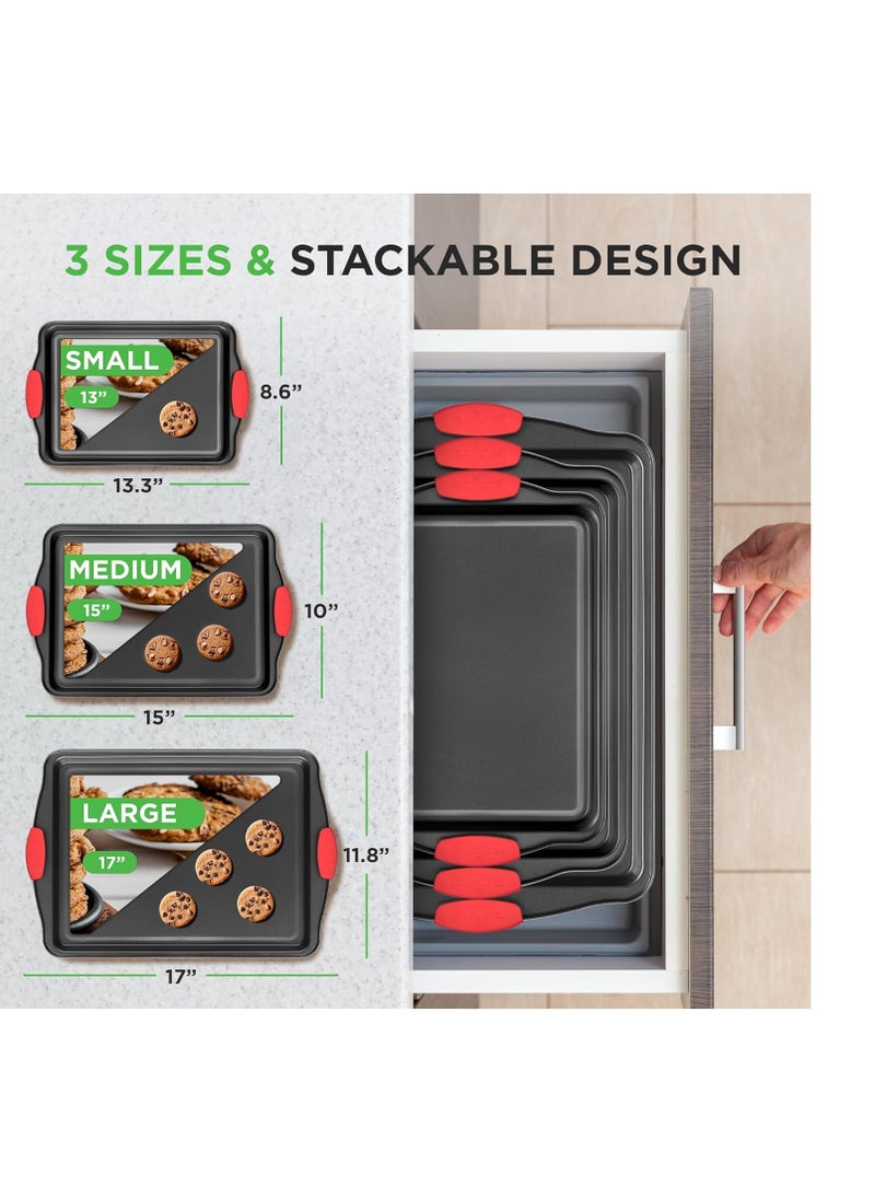NutriChef 3-Piece Nonstick Kitchen Oven Baking Pans - Premium & Stylish Non-Stick Steel, Commercial Grade Restaurant Quality Metal Bakeware with Red Silicone Handles - Easy to Clean, NCSBS3S