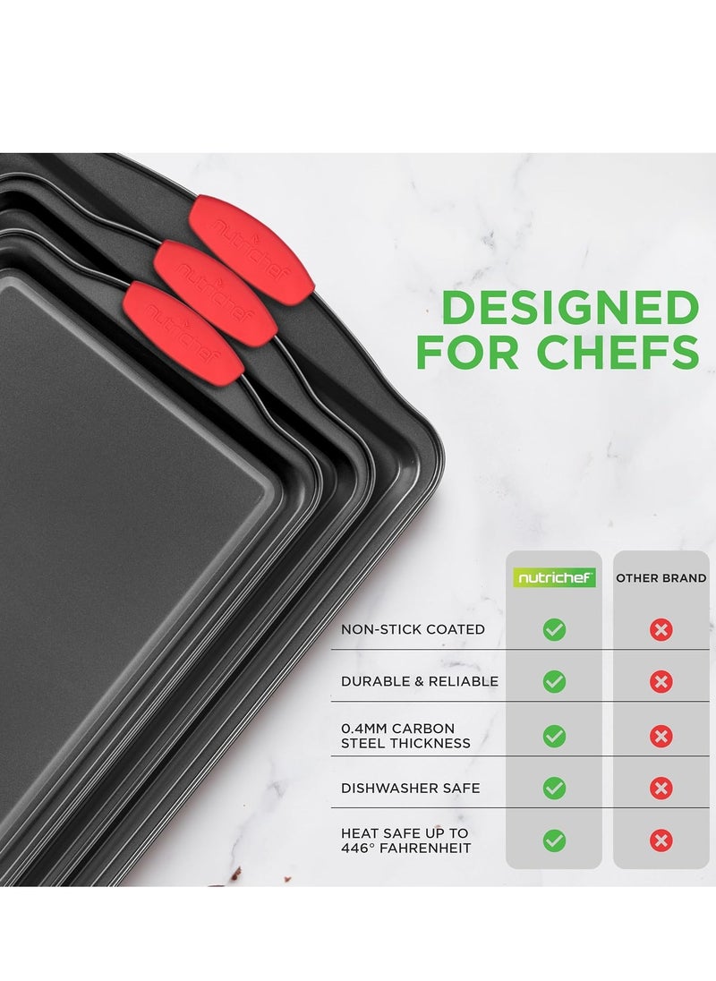 NutriChef 3-Piece Nonstick Kitchen Oven Baking Pans - Premium & Stylish Non-Stick Steel, Commercial Grade Restaurant Quality Metal Bakeware with Red Silicone Handles - Easy to Clean, NCSBS3S