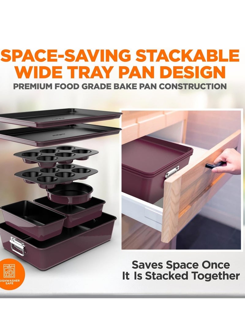 NutriChef 8-Piece Nonstick Stackable Bakeware Set - PFOA, PFOS, PTFE Free Baking Tray Set w/Non-Stick Coating, 450°F Oven Safe, Round Cake, Loaf, Muffin, Wide/Square Pans, Cookie Sheet (Plum)