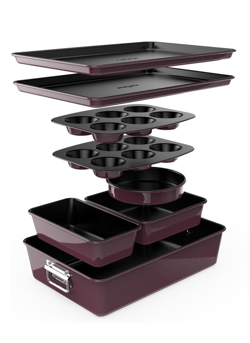 NutriChef 8-Piece Nonstick Stackable Bakeware Set - PFOA, PFOS, PTFE Free Baking Tray Set w/Non-Stick Coating, 450°F Oven Safe, Round Cake, Loaf, Muffin, Wide/Square Pans, Cookie Sheet (Plum)