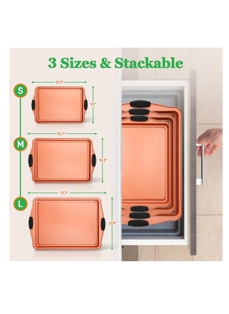 NutriChef 3 Piece Baking Pan Set - PFOA, PFOS, PTFE Free Flexible Nonstick Carbon Steel Bakeware Set - Home Kitchen Bake Pan Cookie Sheet Stackable Baking Tray Set w/Black Silicone Handles NCSBS3S45