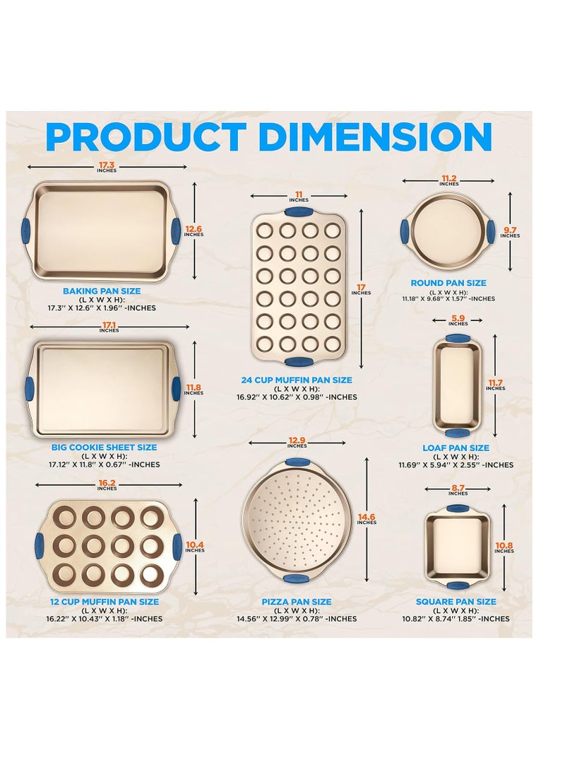 NutriChef 10-Piece Nonstick Bakeware Set - Premium Carbon Steel Baking Trays w/Heatsafe Silicone Handles, Includes Pizza Crisper, Loaf Pan, 12 & 24 Cup Muffin Pans, Round/Square Pans, Cookie Sheets