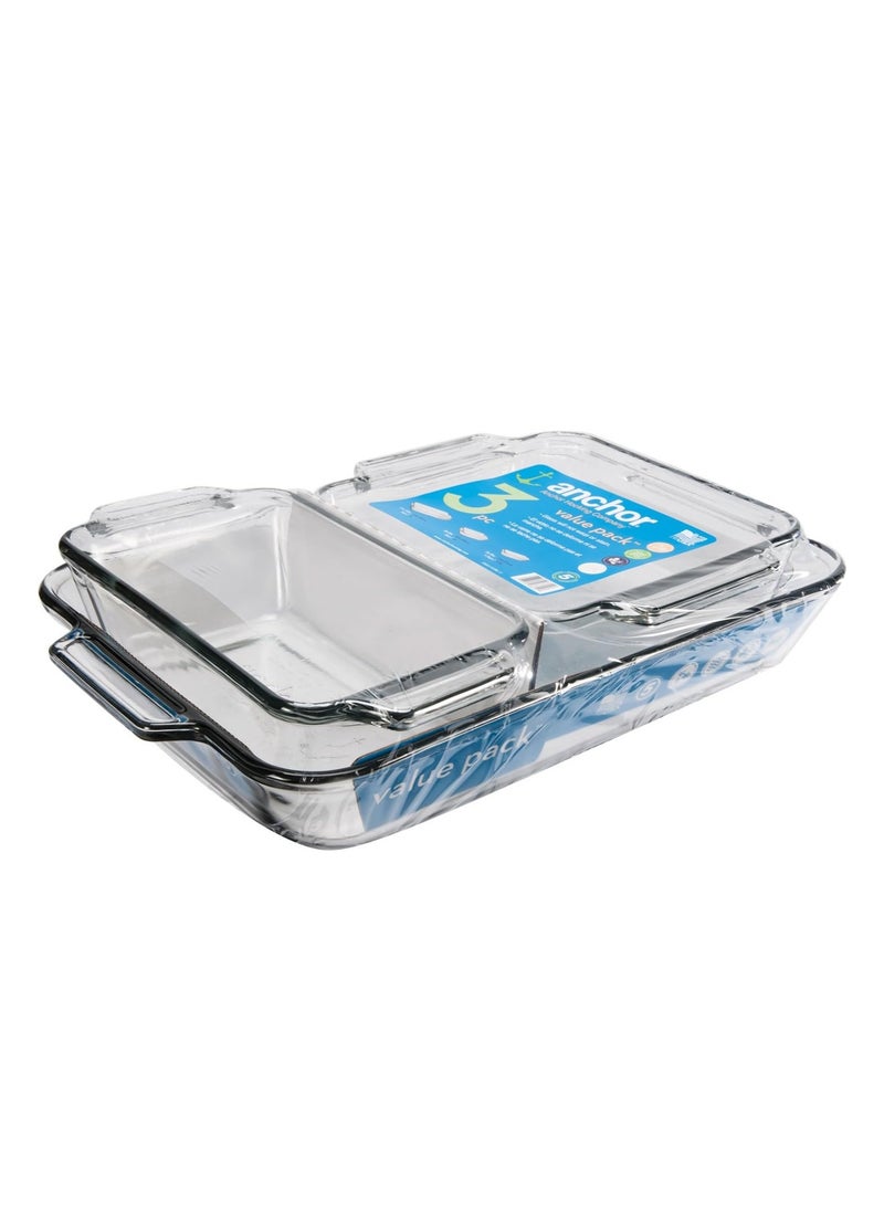 Anchor Hocking Glass Baking Dishes for Oven, 3 Piece Set (3 Qt Glass Casserole Dish, Cake Pan, and Bread Pan)