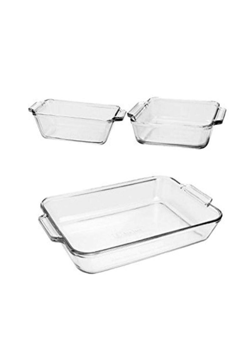 Anchor Hocking Glass Baking Dishes for Oven, 3 Piece Set (3 Qt Glass Casserole Dish, Cake Pan, and Bread Pan)