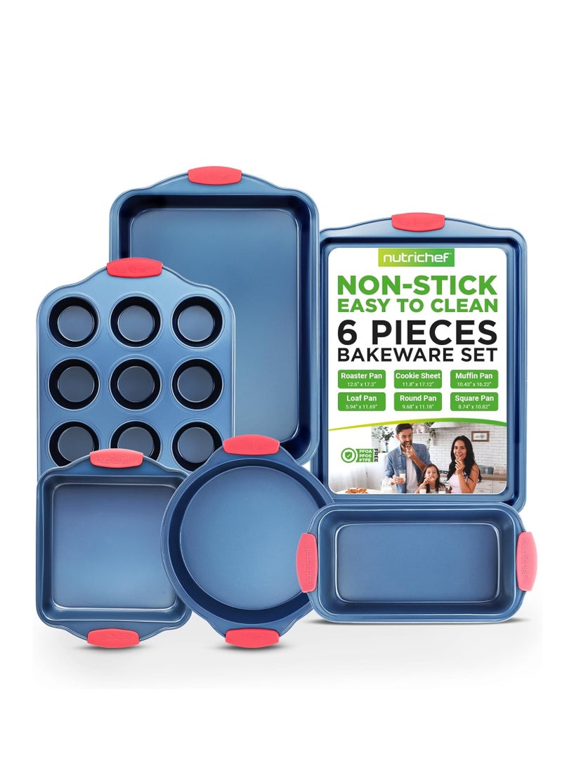 NutriChef 6-Piece Bakeware Set - Nonstick Carbon Steel Baking Pans with Red Silicone Handles, Blue Coating, Durable & Stain-Resistant, Perfect for Baking Cakes, Muffins, Cookies (Blue)