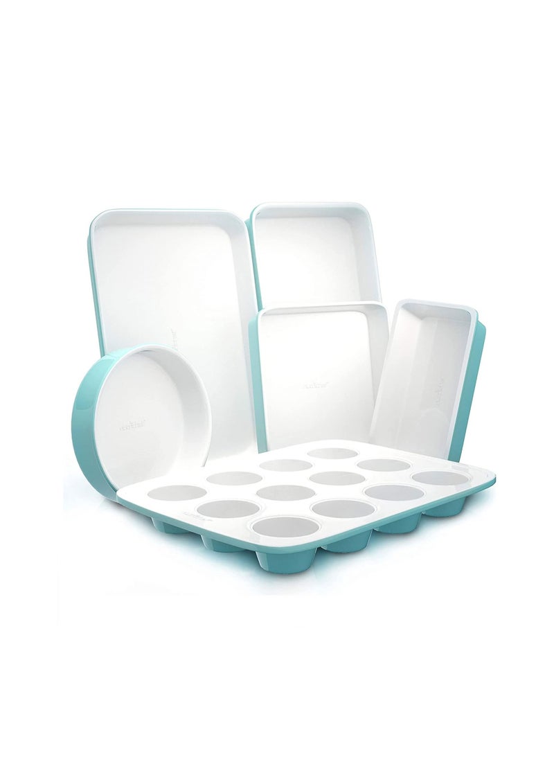 NutriChef 6-Piece Baking Pan Set, Carbon Steel Bakeware with Premium Ceramic Nonstick Coating, Includes 12-Cup Muffin Pan, Cake & Loaf Pan, Wide Bake Pan, & Cookie Sheet - Turquoise