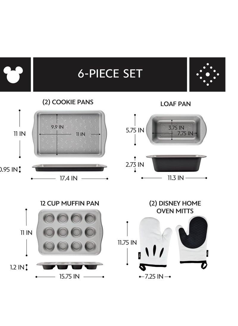 Farberware Disney Bake with Mickey Mouse Nonstick Bakeware Set/Baking Pans with Disney Home Oven Mitts, Cookie Pans, Muffin/Cupcake and Loaf Pan, 6 Piece - Black