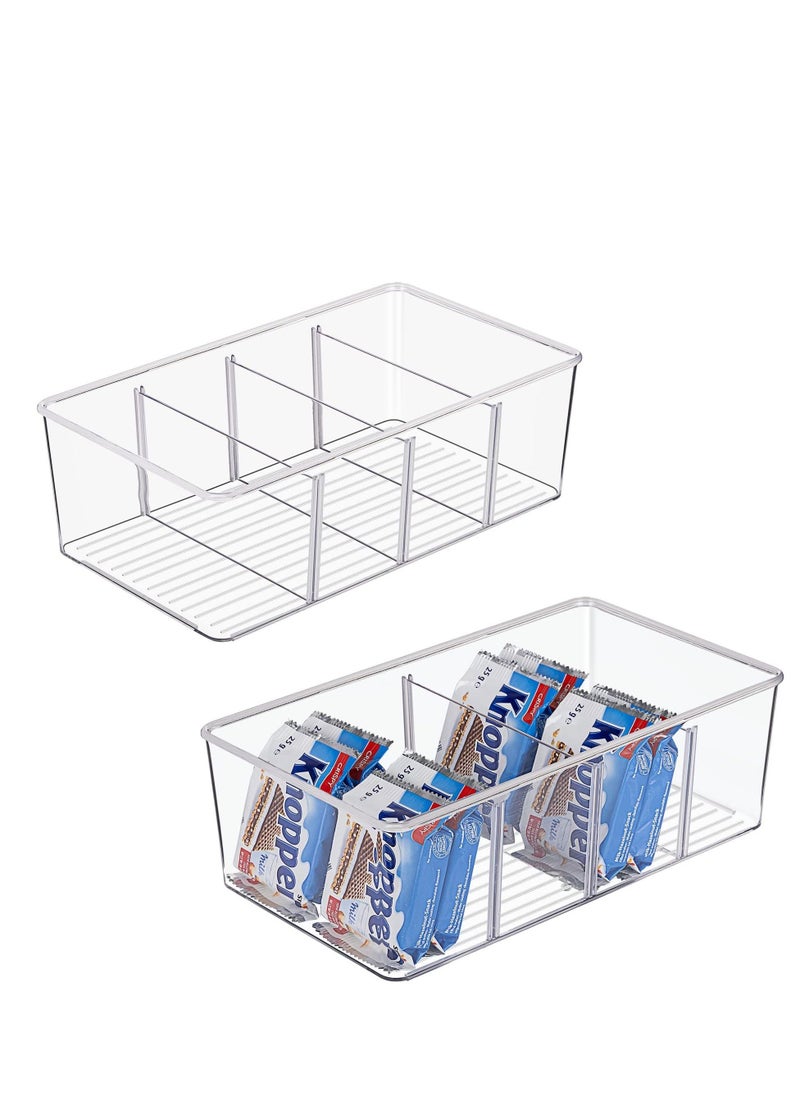 2 Pack Food Storage Organizer Bins, Clear Plastic Storage Bins for Pantry, Kitchen, Fridge, Cabinet Organization and Storage, 2 Compartment Holder for Packets, Snacks, Pouches, Spice Packets