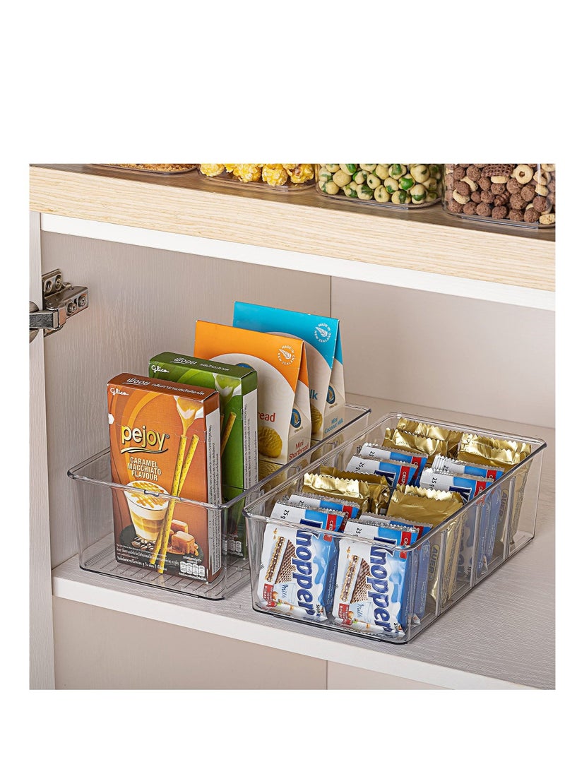 2 Pack Food Storage Organizer Bins, Clear Plastic Storage Bins for Pantry, Kitchen, Fridge, Cabinet Organization and Storage, 2 Compartment Holder for Packets, Snacks, Pouches, Spice Packets