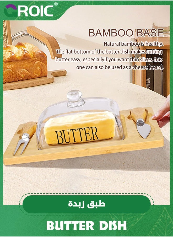 Butter Dish with Glass Lid, Bamboo Base, Square Clear Butter Dish with Handle,Butter Keeper Saver with Cover for Table, Kitchen Countertop,Butter Keeper Container Storage with Double Knife