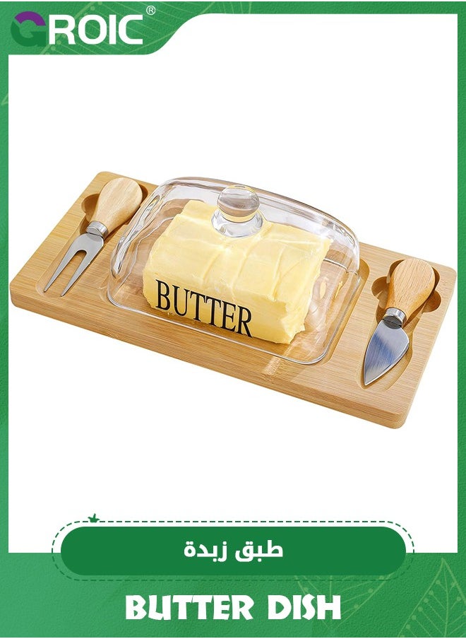 Butter Dish with Glass Lid, Bamboo Base, Square Clear Butter Dish with Handle,Butter Keeper Saver with Cover for Table, Kitchen Countertop,Butter Keeper Container Storage with Double Knife