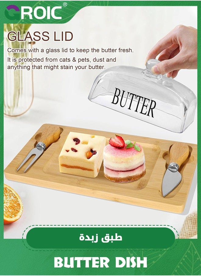 Butter Dish with Glass Lid, Bamboo Base, Square Clear Butter Dish with Handle,Butter Keeper Saver with Cover for Table, Kitchen Countertop,Butter Keeper Container Storage with Double Knife