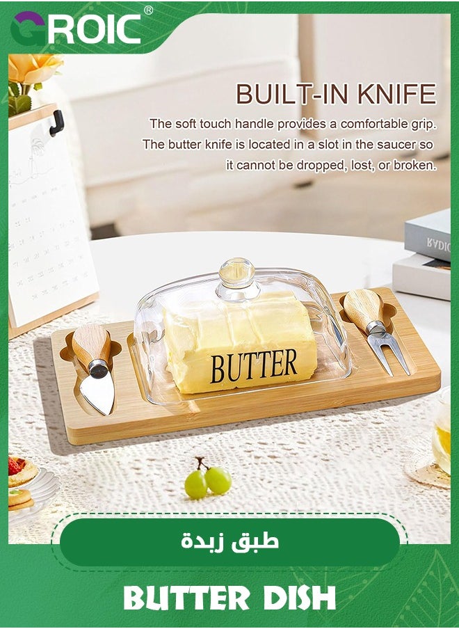 Butter Dish with Glass Lid, Bamboo Base, Square Clear Butter Dish with Handle,Butter Keeper Saver with Cover for Table, Kitchen Countertop,Butter Keeper Container Storage with Double Knife