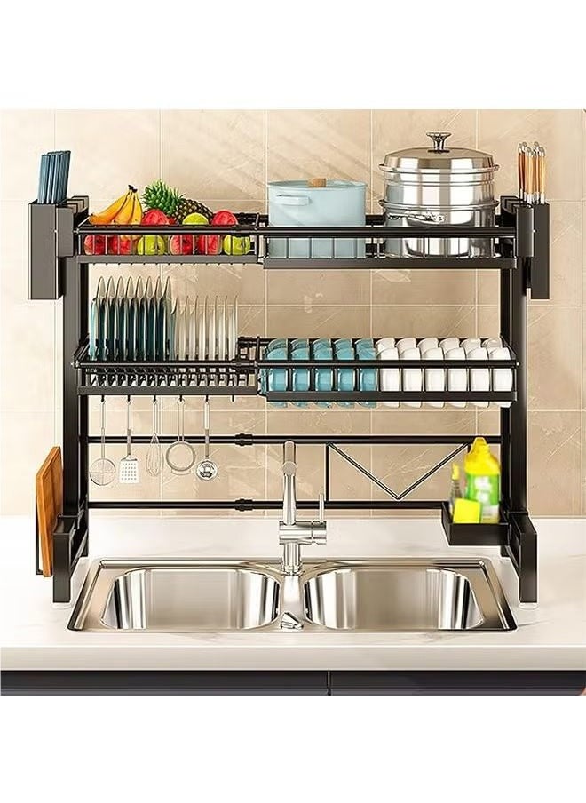 Double-layer plate, chopsticks drain rack, plate drainer, carbon steel plate rack, sink organizer, stand shelf for kitchen counter organizer storage, with tableware rack, hook, drain rack for large kitchen, black