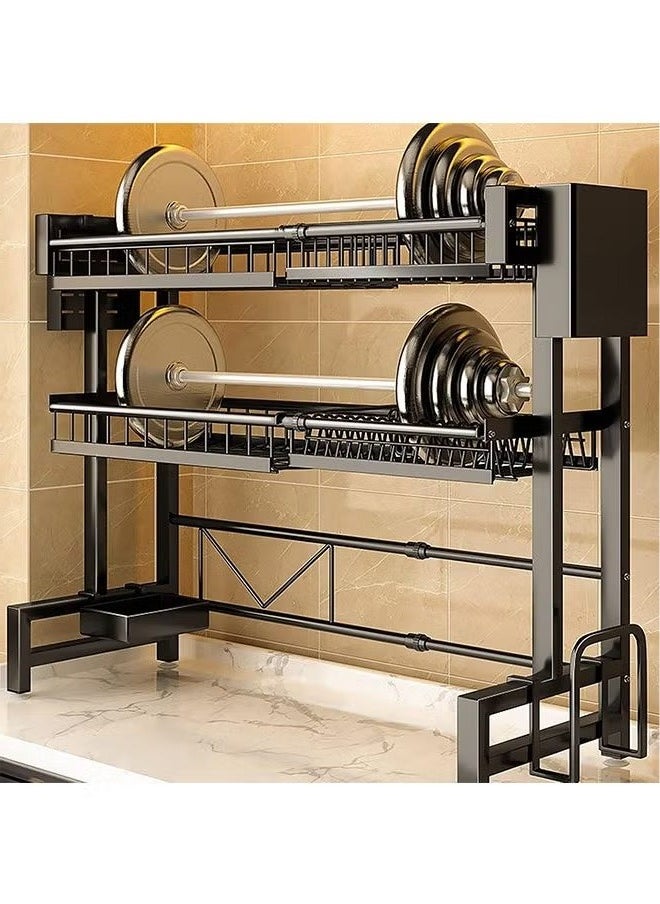 Double-layer plate, chopsticks drain rack, plate drainer, carbon steel plate rack, sink organizer, stand shelf for kitchen counter organizer storage, with tableware rack, hook, drain rack for large kitchen, black