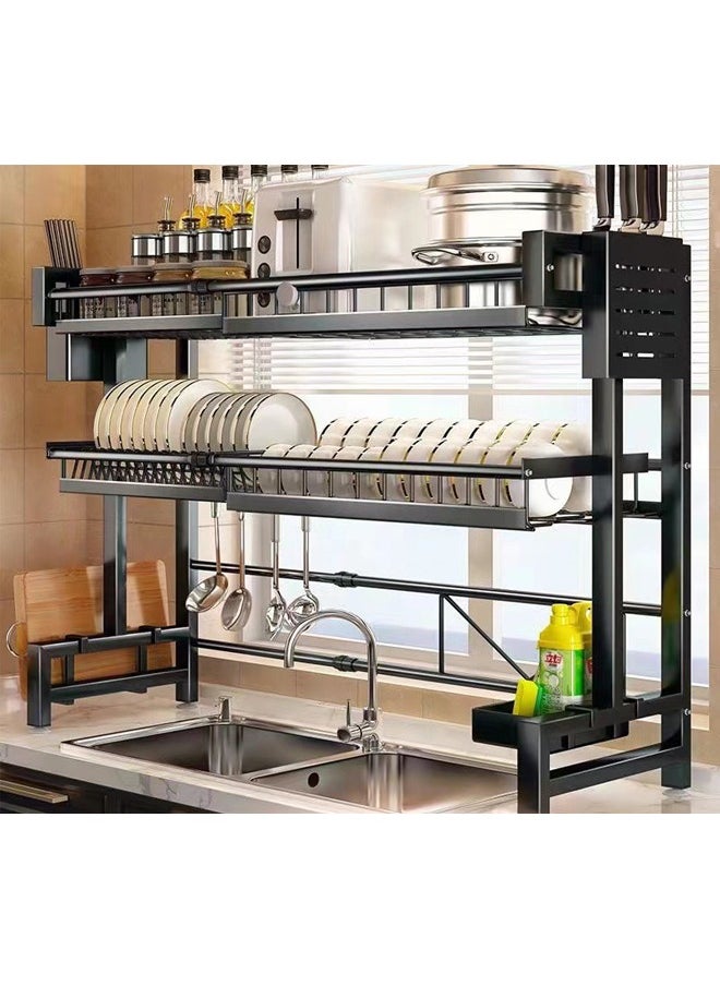 Double-layer plate, chopsticks drain rack, plate drainer, carbon steel plate rack, sink organizer, stand shelf for kitchen counter organizer storage, with tableware rack, hook, drain rack for large kitchen, black