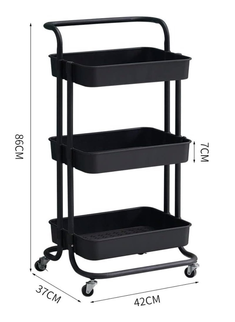 3 Tier Rolling Utility Cart With Handles And Lockable Wheels