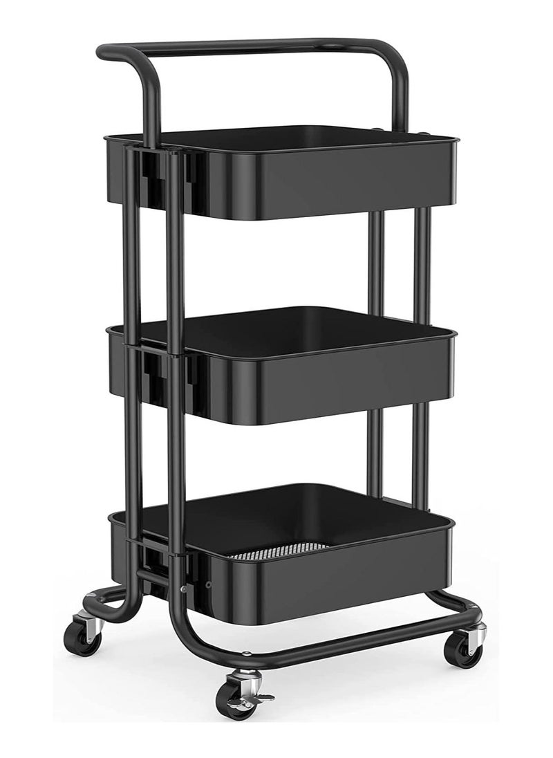 3 Tier Rolling Utility Cart With Handles And Lockable Wheels