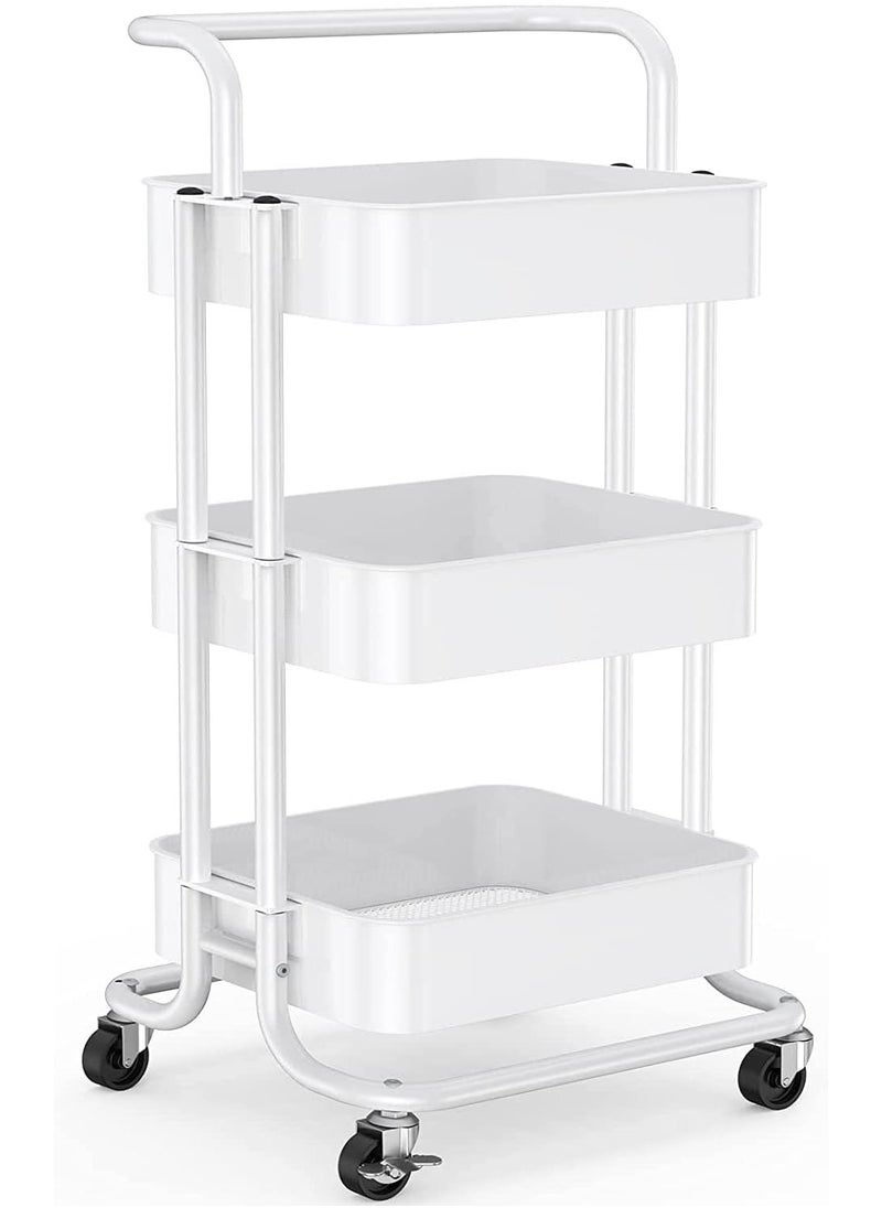 3 Tier Rolling Utility Cart With Handles And Lockable Wheels White