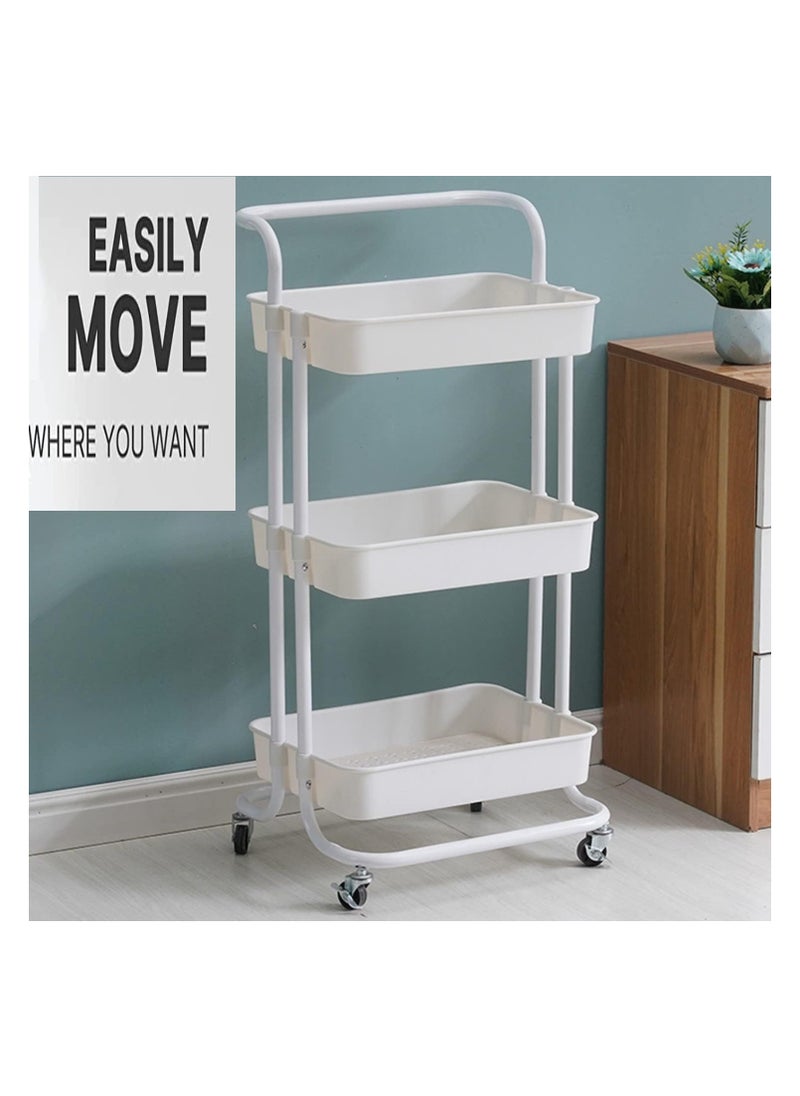 3 Tier Rolling Utility Cart With Handles And Lockable Wheels White