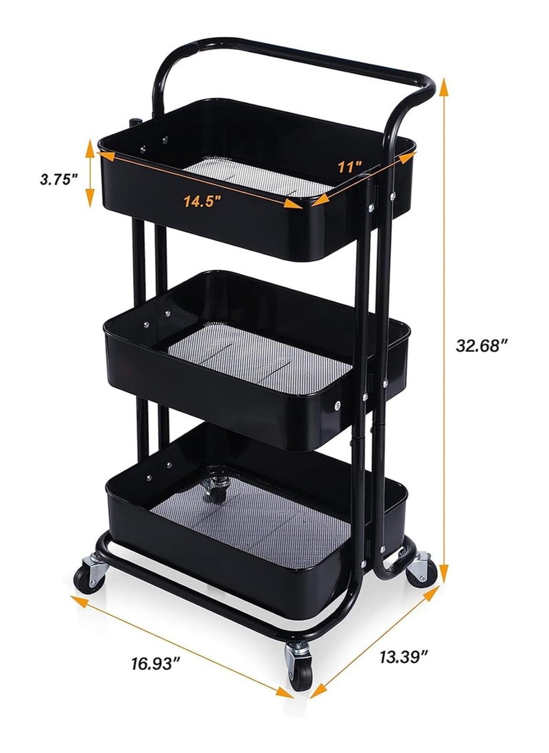 3-Tier Rolling Shelves Metal Cart Organizer Black 85x45x35cm