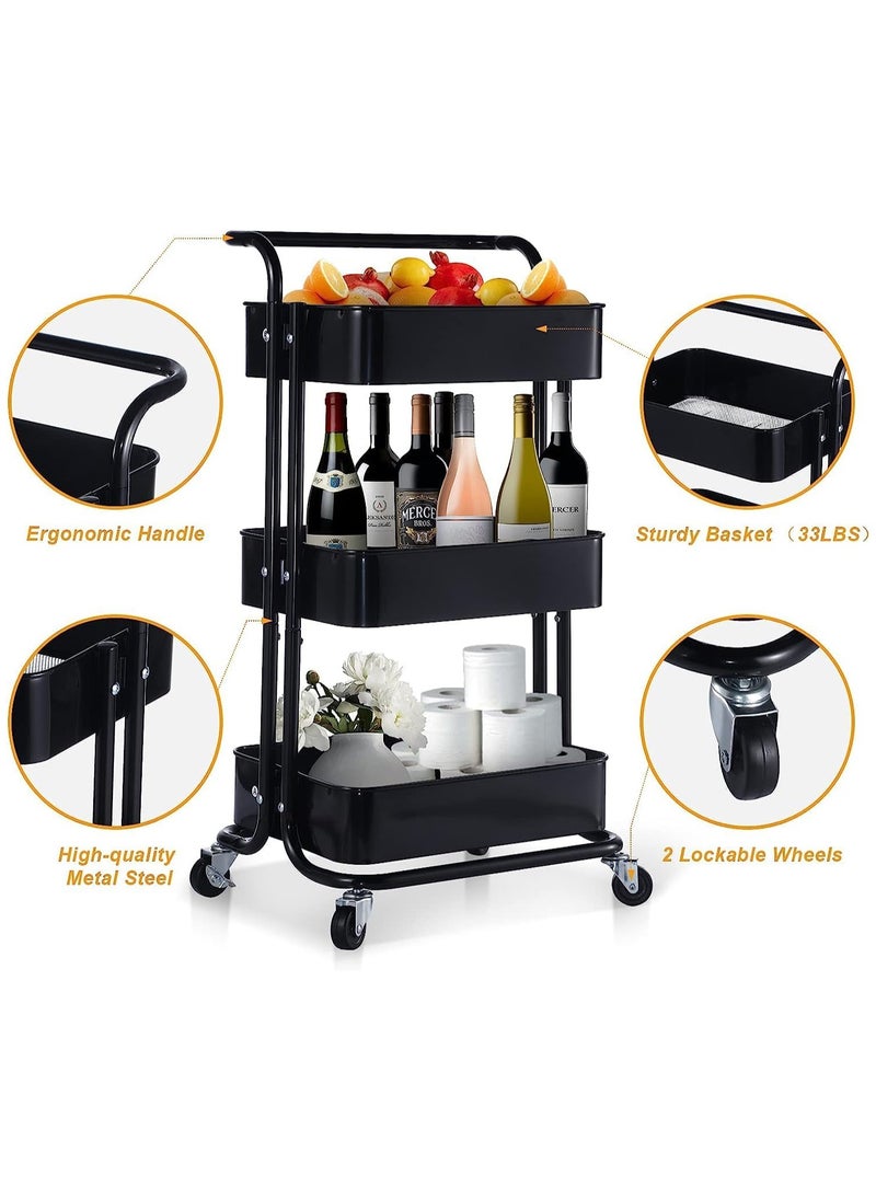 3-Tier Rolling Shelves Metal Cart Organizer Black 85x45x35cm