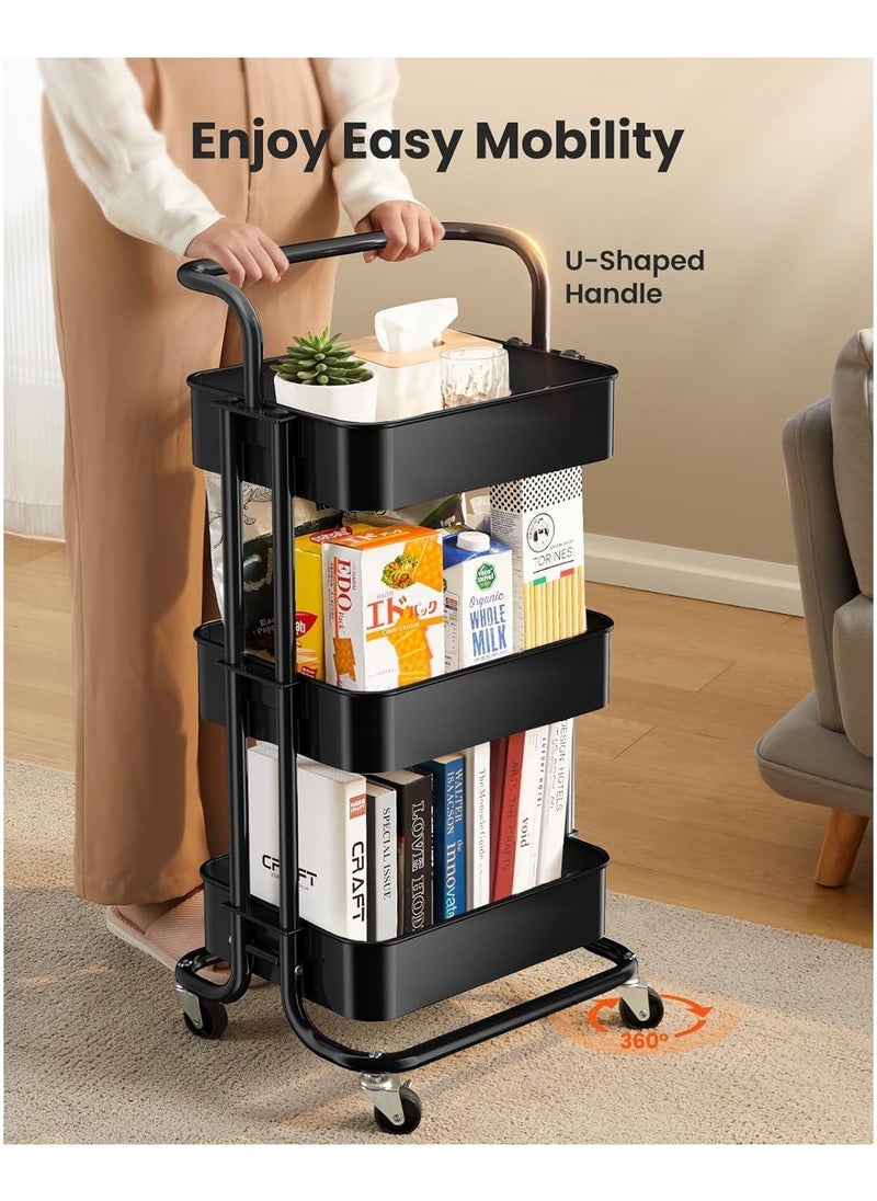 3-Tier Rolling Shelves Metal Cart Organizer Black 85x45x35cm