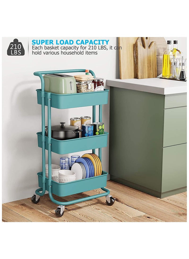 3 Tier Rolling Utility Cart, Rolling Metal Organization Cart with Handle and Lockable Wheels, Multifunctional Storage Shelves for Kitchen Living Room Office (Green)