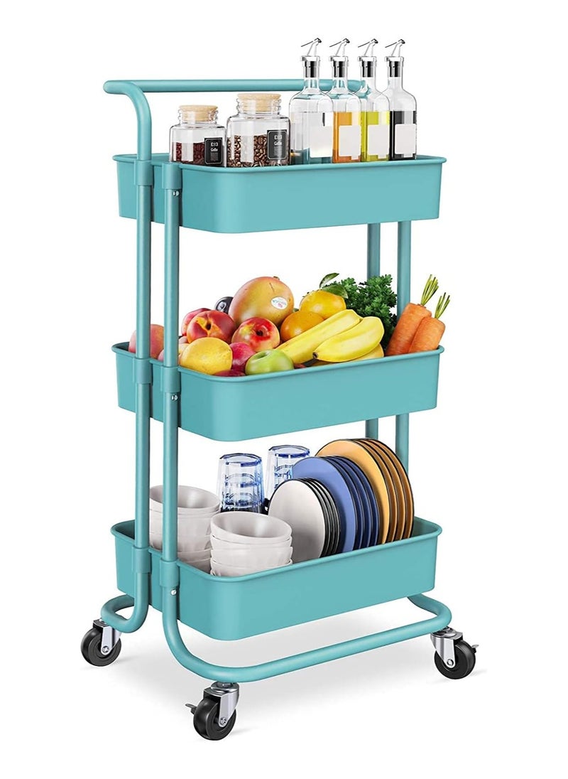 3 Tier Rolling Utility Cart, Rolling Metal Organization Cart with Handle and Lockable Wheels, Multifunctional Storage Shelves for Kitchen Living Room Office (Green)