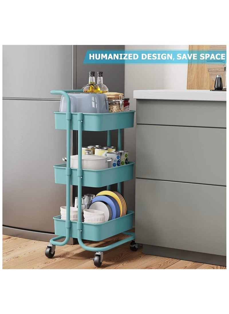 3 Tier Rolling Utility Cart, Rolling Metal Organization Cart with Handle and Lockable Wheels, Multifunctional Storage Shelves for Kitchen Living Room Office (Green)